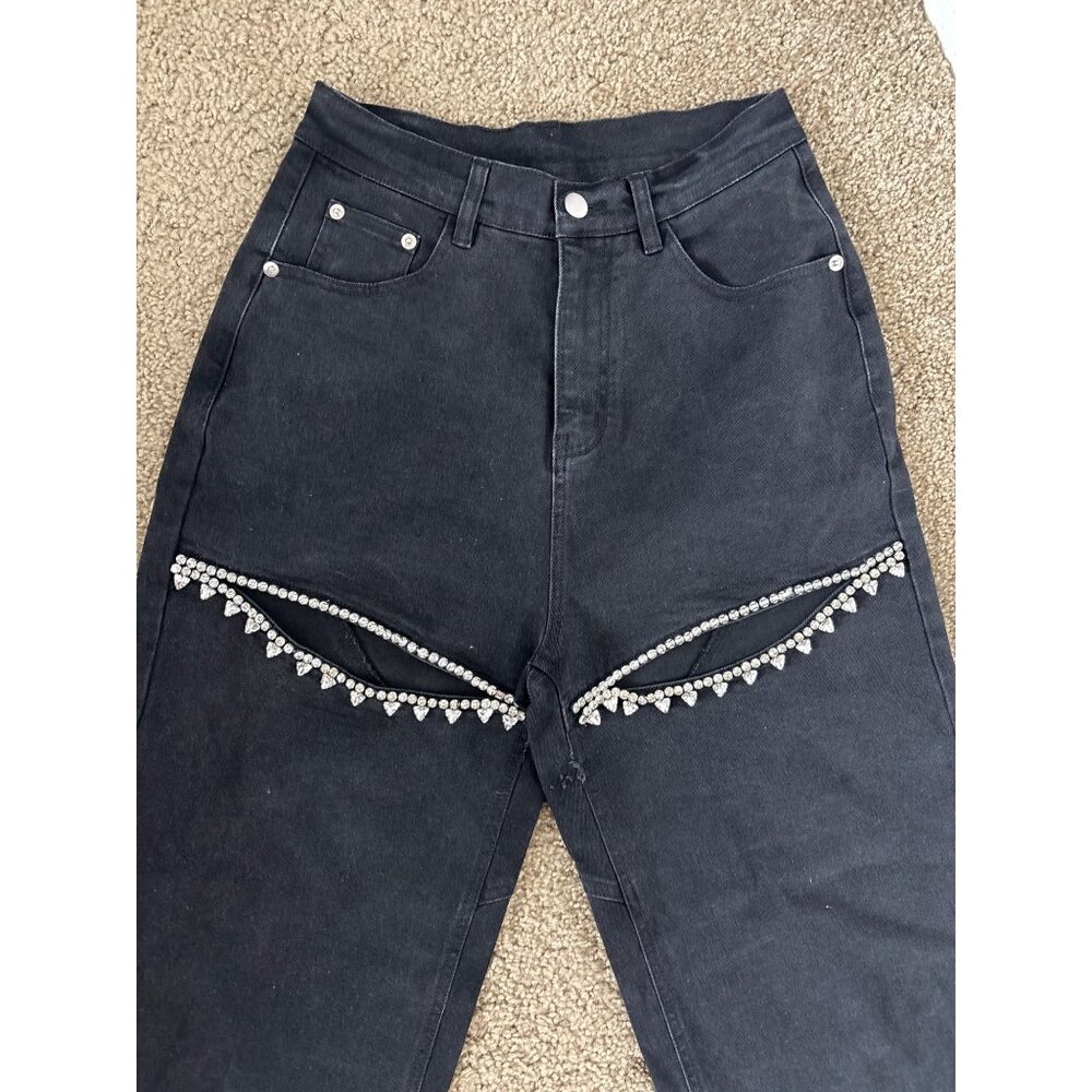 Amazon Black High-Waisted Jeans With Rhinestone Fringe Thigh Slit, new w tags - Picture 3 of 5
